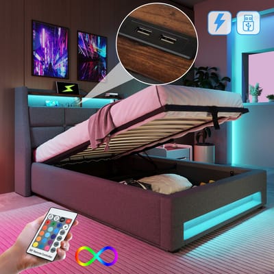 Gestoffeerd bed met USB-aansluiting 90x200cm, LED-eenpersoonsbed met lattenbodem van metalen frame, bedframe van linnen, kinderbed (zonder matras)