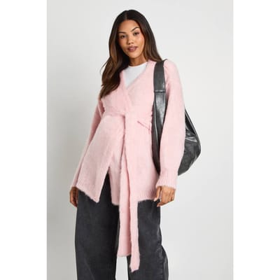 boohoo Dames Pluizige zwangerschapscardigan met ceintuur | Baby Roze | Maat: Large