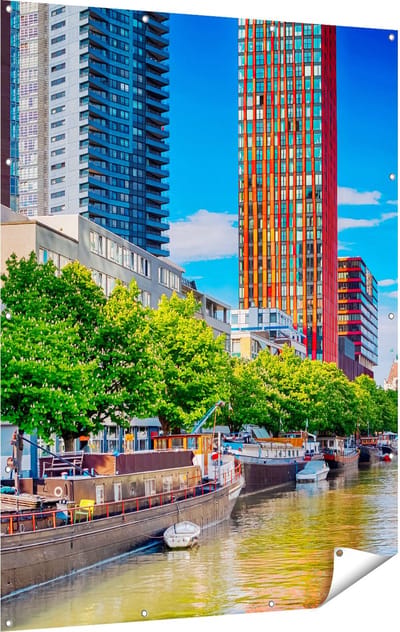 Gards Tuinposter Rotterdamse Gracht met Boten - 120x160 cm - Tuindoek - Tuindecoratie - Wanddecoratie buiten - Tuinschilderij