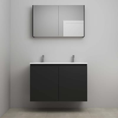 On-Line Badkamermeubelset - 100 cm - Bouwpakket - Greeploos 2 Deuren - Acryl Wastafel - 2 Kraangaten - Spiegelkast - Mat Zwart