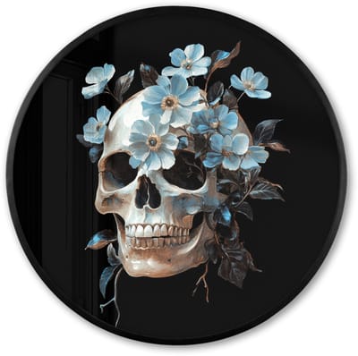 Poster in lijst Rond - Fotolijst 60x60 cm - Posters - Schedel - Blauw - Bloemen - Bladeren - Ronde posterlijst zwart - Decoratie - Wanddecoratie woonkamer - Muurdecoratie slaapkamer