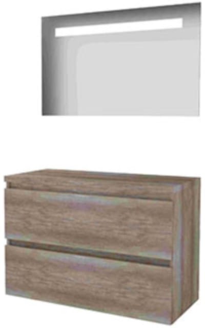 Basic-Line Economic 46 Badkamermeubelset - 100 x 46 cm - Greeploos - 2 Lades - Wastafelblad - Spiegel met LED Verlichting - Scotch Oak