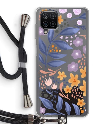 Case Company® - Hoesje met koord geschikt voor Samsung Galaxy A12 hoesje met Koord - Flowers with blue leaves - Telefoonhoesje met Zwart Koord - Bescherming aan alle Kanten en Over de Schermrand