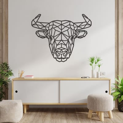 Geometrische Wanddecoratie Stier - Geometrische Muurdecoratie Stier - Geometrische Stier - Muurdecoratie Hout - Wanddecoratie Hout - Muurdecoratie Woonkamer - Wanddecoratie Woonkamer - Wanddecoratie Industrieel - Wanddecoratie Dieren - 74 x 59 cm