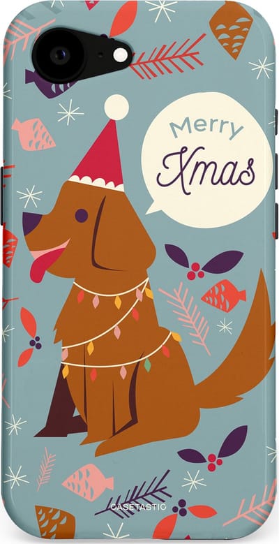 Casetastic hoesje geschikt voor Apple iPhone 16e / Apple iPhone 17e - MagSafe - Dubbellaagse bescherming - Merry Christmas Hond - Fashion Case - Zilver Bruin Saliegroen Rood