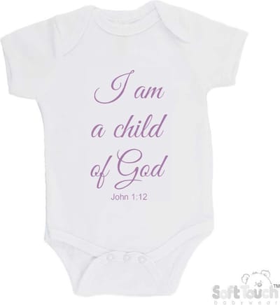 100% katoenen Romper "I am a child of God John 1:12" Meisjes Katoen Wit/lila Maat 56/62