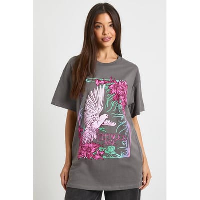 boohoo Dames FLEETWOOD MAC BIRD LICENTIE OVERSIZED GEDRUKTE T-SHIRT | Houtskool | Maat: XS