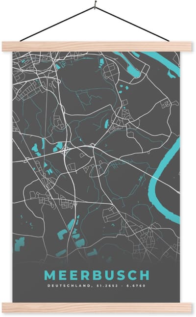 Posterhanger incl. Poster 40x60 cm - Schoolplaat - Blauw – Duitsland – Plattegrond – Stadskaart – Kaart – Meerbusch - Textielposter - Blanke latten - Stadskaart