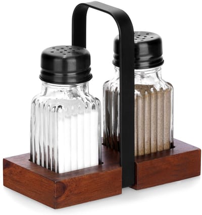 Vilde - Zout- en Peperstrooier Set - 3-delig - Glazen potjes - Acaciahouten Standaard
