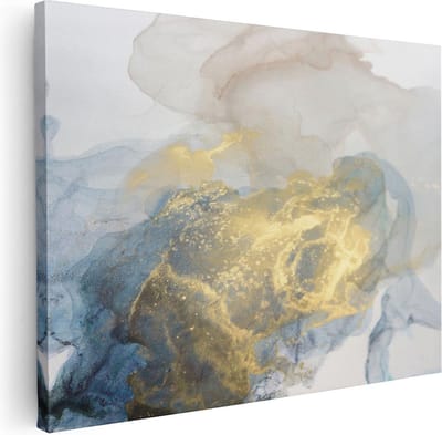 Artaza Canvas Schilderij Abstracte Kunst - 40x30 cm - Klein - Muurdecoratie Blauw Goud - Wanddecoratie Woonkamer - Kamer Accessoires