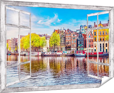 Gards Tuinposter Doorkijk Amsterdamse Huisjes aan het Water - 180x120 cm - Tuindoek - Tuindecoratie - Wanddecoratie buiten - Tuinschilderij