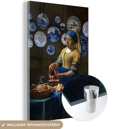MuchoWow® Glasschilderij 40x60 cm - Schilderij acrylglas - Meisje met de parel - Melkmeisje - Vermeer - Foto op glas - Schilderijen