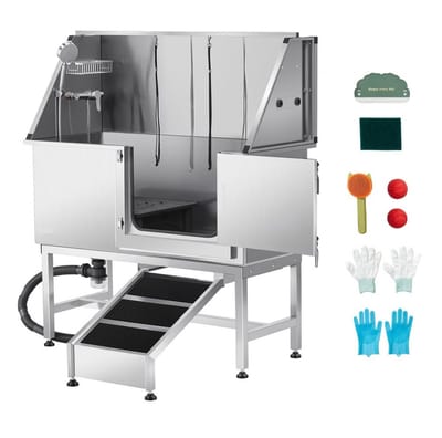 Hondenwasstation - Trimbad - RVS - Afmeting 127 x 58 x 149,5 cm - Met oprit - Kraan en douchekop met zeephouder - Rechterdeur