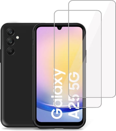Hoesje + 2x Screenprotector geschikt voor Samsung Galaxy A25 – Tempered Glass - Liquid Back Case Cover Zwart