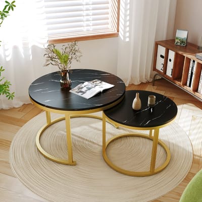 Hiazurm Salontafel - Salontafel Rond - Bijzettafel Set van 2 - Marmerlook - Metalen Frame - Moderne Salontafel - Woonkamer Tafel - Slaapkamer Tafel - Zwart