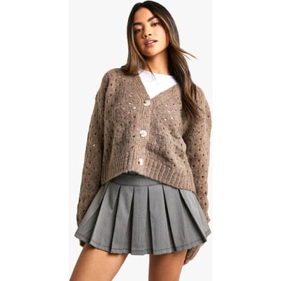 boohoo Dames Fluffy Gebreide Cardigan met Gatdetail | Camel | Maat: Small