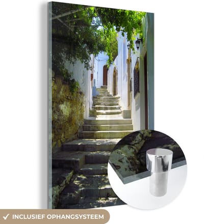 ® Glasschilderij 120x180 cm - Schilderij acrylglas - Prachtige trappen in de straten van de Oude stad van Rhodos - Foto op glas - Muurdecoratie woonkamer - Wanddecoratie slaapkamer - Schilderijen