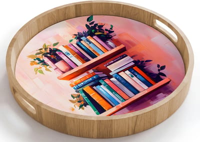 Dienblad rond 40x40 cm - Schootdienblad hout - Planken - Boeken - Bladeren - Borrelplank rechthoek - Plateau houten dienbladen