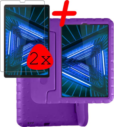 Hoesje Geschikt voor Lenovo Tab M10 FHD Plus (2e / 2nd Generatie) - Met 2x Screenprotector - Kinderhoes Shockproof Bumper - Kidsproof Case - Tablet Hoes - Kinder Hoes Cover - Paars