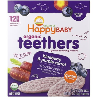 Happy Baby®, Biologische Tandenrondsels, Zachte Tandjes Wafels, Blauwe Bes & Paarse Wortel, 12 Pakjes, 4 g (4 gram) Elk
