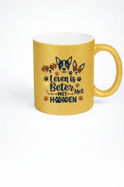 Leven Is Beter Met Honden Mok 330ml – Gouden Keramische Koffiemok met Schattige Honden Illustratie – Perfect Cadeau voor Hondenliefhebbers
