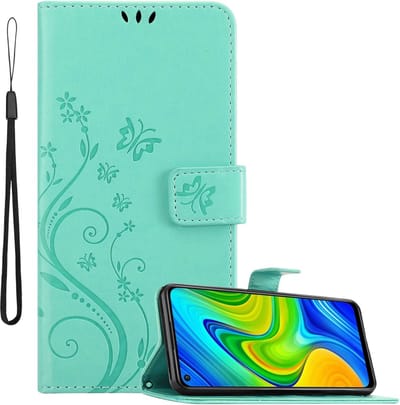 Cadorabo Hoesje geschikt voor Xiaomi RedMi NOTE 9 in BLOEMEN TURKOOIS - Beschermhoes in bloemmotief met magnetische sluiting, standfunctie en kaartsleuven Book Case Cover Etui