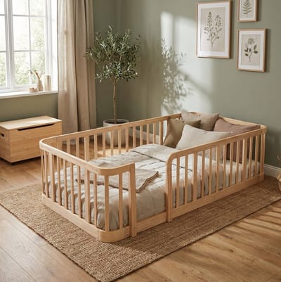 HAUSS SPOLE Modulaire Box 90x200 cm - Zonder Matras - Uitbreidbare Veiligheidsomheining Met 7 cm Spijlafstand - Hout - Naturel