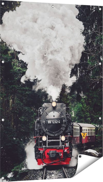 Gards Tuinposter Locomotief in de Bossen met Stoom Wolken - 80x120 cm - Tuindoek - Tuindecoratie - Wanddecoratie buiten - Tuinschilderij