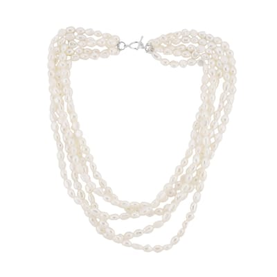 Cavill - Zilveren Halsketting 925 Sterling Zilver - Witte Keshi Zoetwater Kweekparels met Fancy Slijpsel - Meerstrengs Elegante Luxe Parelketting
