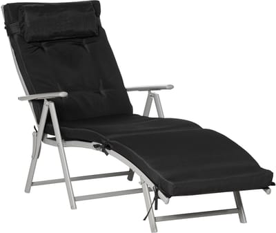 Opvouwbare strandstoel, 7 verstelbare posities, weerbestendig, met kussen, Textileline, polyester, metaal, 137 x 63,5 x 100,5 cm, zwart