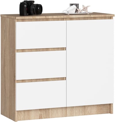 Ladekast JERRY met 3 Lades en 2 Deuren / AKORD Furniture Factory / Sonoma Eik - Wit / 80 x 77 x 35 cm