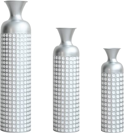 Metalen Vloervaas - Grote Decoratieve Vaas - Vazen Set Van 3 - Hoogglans - Stippenpatroon - Modern - Woonkamer - 49,5/66/84 cm - 3-Delig - Zilver