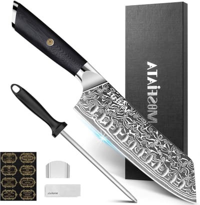 Damast Santoku Kookmes 7 Inch met Vingerbescherming en Slijper - Perfect voor Koken en Chef-koks