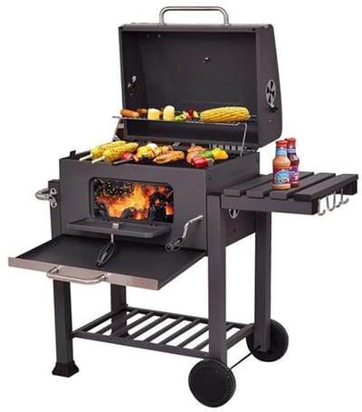 Dailygoods Houtskoolbarbecue, grillwagen, inclusief 2 grills, planken met haken, verstelbare houtskoolbak, barbecuewagen