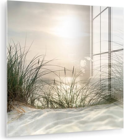 MuchoWow® Glasschilderij 90x90 cm - Schilderij acrylglas - Zand - Gras - Zon - Foto op glas - Muurdecoratie woonkamer - Wanddecoratie slaapkamer - Schilderijen