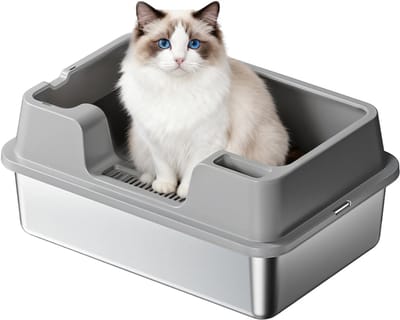RVS Kattenbak - Kattentoilet Roestvrijstaal - Open Kattenbak - Incl. Kattenbakschep met Houder en Gritopvang Opstapje - 60x35x22cm - Grijs
