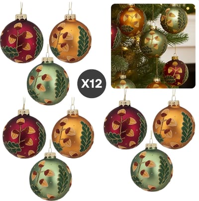 Cheqo® Glazen Kerstballen - Set van 12 - Mat Kerstballen - 8 CM Diameter - Rood Groen Goud - Kerstboomversiering - Kerstversiering - Goudkleurig Kapje - Rode Kerstballen Set