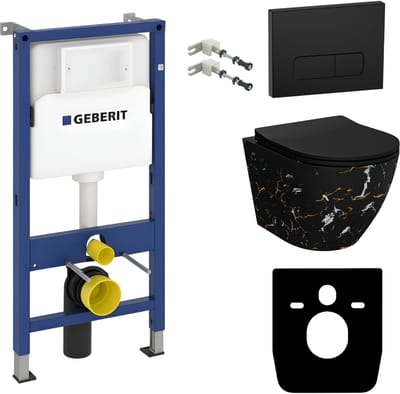 Inbouwreservoir Complete Toiletset Geberit Duofix Basic - Inbouw WC Hangtoilet Wandcloset SOFI SLIM FIRE Zwart Mat Marble - Bedieningsplaat DELTA Zwart - Voorwandelement - Installatiesysteem