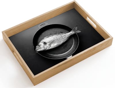 Dienblad hout 40x30 cm - Schootdienblad - Pan - Vis - Zwart - Wit - Borrelplank rechthoek - Plateau dienbladen