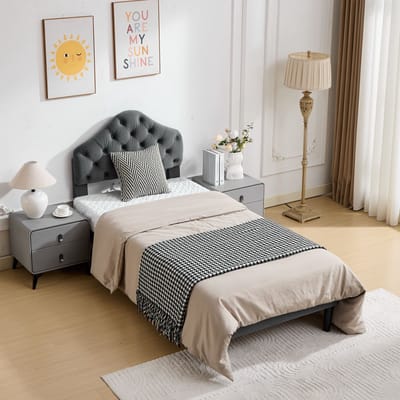 PHOEBE CAT Gestoffeerd bed - 90 x 200 cm - Verstelbaar hoofdeinde - Velvet - Eenpersoonsbed - Grijs