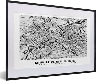 Fotolijst incl. Poster Zwart Wit- Plattegrond – Brussel – Zwart Wit – Stadskaart - Kaart - 60x40 cm - Posterlijst