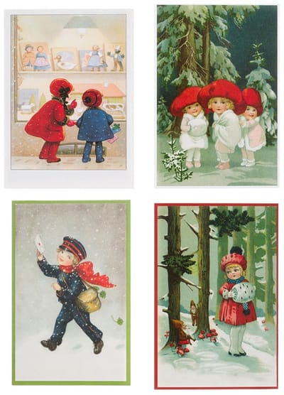 Nostalgische kerstkaarten - 4 stuks - Franz Josef - Klassieke Vintage afbeeldingen - Winter - Sneeuw - Feestelijk - Jaarwisseling - Oude Brocante kerstkaarten 15X10,5 en 14X9