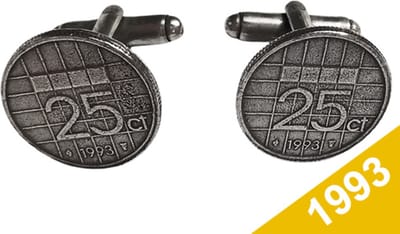 Manchetknopen Kwartje 1993 Verzilverd - Uniek en Stijlvol Sieraad met Jaartal - Cadeau Geboortejaar - Alle Jaartallen Beschikbaar - Doorsnede 1,8 cm