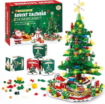 Adventskalender - voor Kinderen - Bouwstenen - Kinder Bouwset met Licht - Kerstboom Bouwspeelgoed - Creatief & Educatief - Jongens & Meisjes - Feestdagen Cadeau