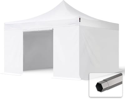 4x4 m Easy Up partytent Vouwpaviljoen PVC brandvertragend, PREMIUM staal 40mm met zijwanden, wit