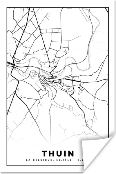 Poster Plattegrond – Thuin – Zwart Wit – Stadskaart - Kaart - België - 120x180 cm XXL