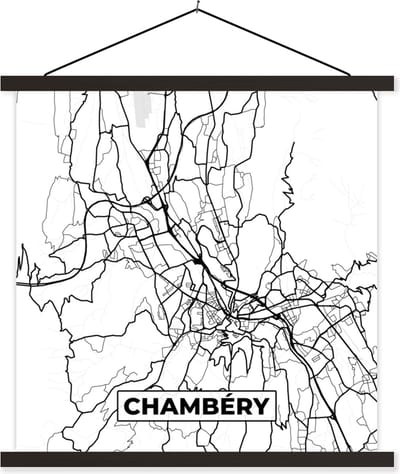 Posterhanger incl. Poster 60x60 cm - Schoolplaat - Plattegrond - Chambéry - Kaart - Frankrijk - Stadskaart - Zwart wit - Textielposter - Zwarte latten - Stadskaart