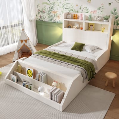 Eenpersoonsbed 90x200 cm - kinderbed met opbergrek - nachtlampje - afneembaar boekenrek - wit - zonder matras