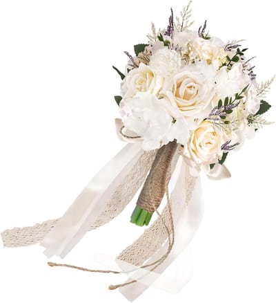 Bruidsboeket - Kunstbloemen boeket - Bruiloft decoratie - Chique lintdetails - 35 cm - Champagne Wit