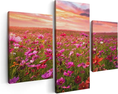 Artaza Canvas Schilderij Drieluik Kleurrijke Kosmos Bloemenveld - 90x60 - Foto Op Canvas - Canvas Print